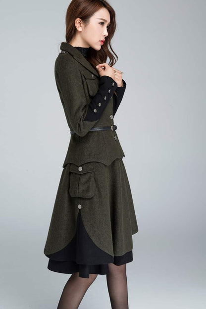Army Green Wool Winter Coat - Relaxed Fit Button-Down Jacket 1628