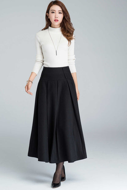 Black Wool Maxi Skirt - Pleated A-Line with Side Pockets 1631