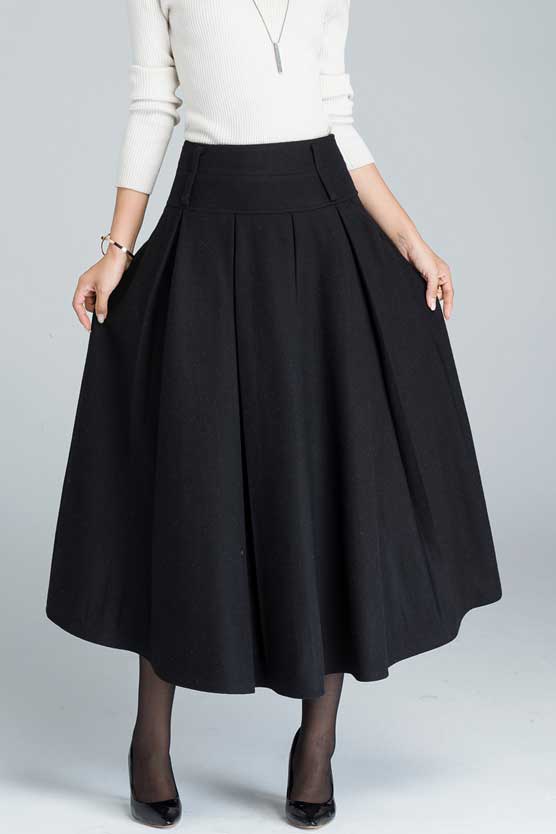 High waisted wool pleated skirt for women in black 1631#