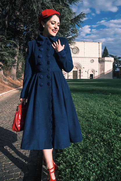 Handmade Navy Wool Coat – Vintage Fit & Flare Winter Princess Overcoat 3187