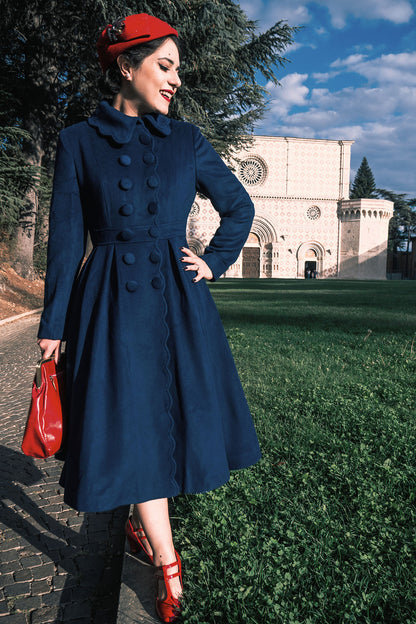 Handmade Navy Wool Coat – Vintage Fit & Flare Winter Princess Overcoat 3187