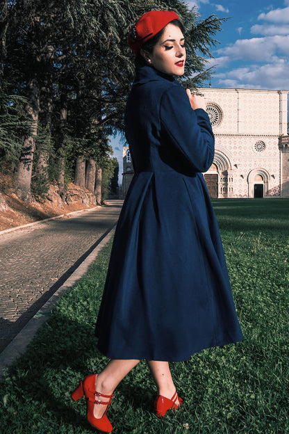 Handmade Navy Wool Coat – Vintage Fit & Flare Winter Princess Overcoat 3187