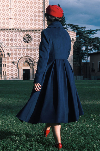 Handmade Navy Wool Coat – Vintage Fit & Flare Winter Princess Overcoat 3187