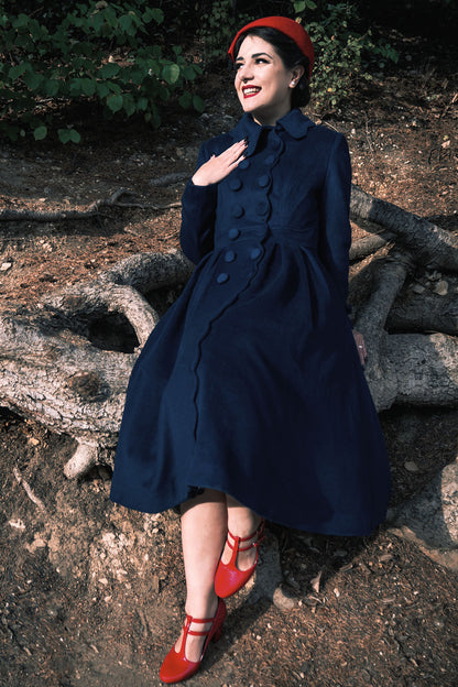 Handmade Navy Wool Coat – Vintage Fit & Flare Winter Princess Overcoat 3187