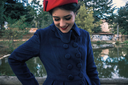 Handmade Navy Wool Coat – Vintage Fit & Flare Winter Princess Overcoat 3187