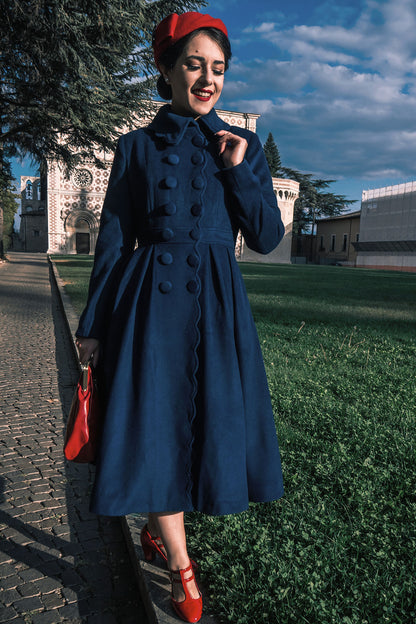 Handmade Navy Wool Coat – Vintage Fit & Flare Winter Princess Overcoat 3187