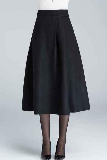 Elegant Black Wool Skirt – Handmade Midi Winter Skirt with Pockets | Xiaolizi 1636