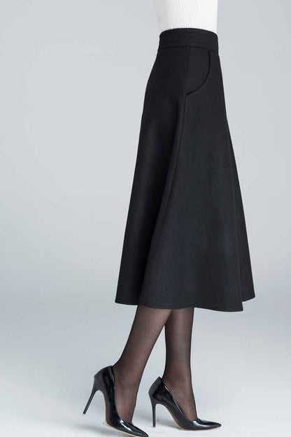 Elegant Black Wool Skirt – Handmade Midi Winter Skirt with Pockets | Xiaolizi 1636