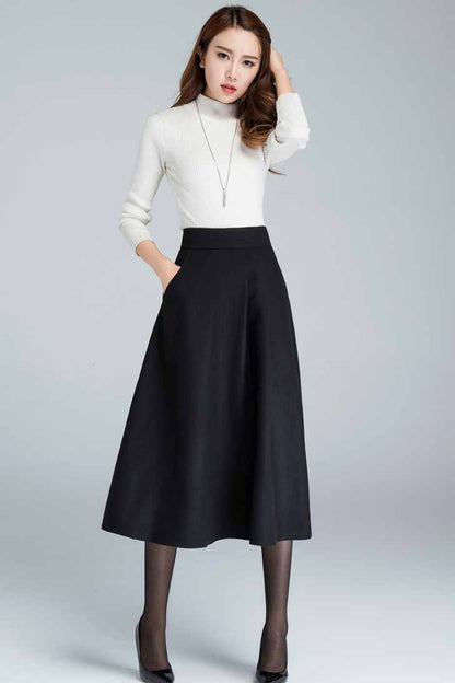 Elegant Black Wool Skirt – Handmade Midi Winter Skirt with Pockets | Xiaolizi 1636