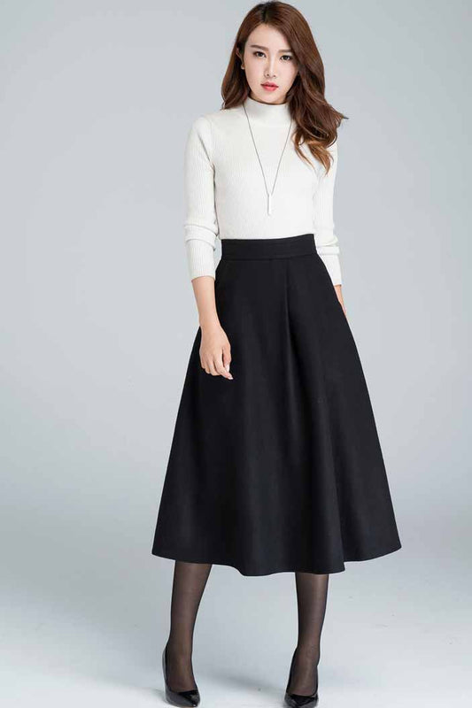 Elegant Black Wool Skirt – Handmade Midi Winter Skirt with Pockets | Xiaolizi 1636