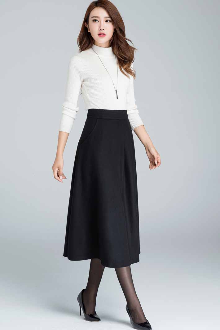 asymmetrical pleated A line midi wool skirt 1636#