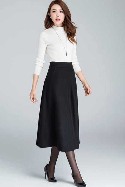 Elegant Black Wool Skirt – Handmade Midi Winter Skirt with Pockets | Xiaolizi 1636