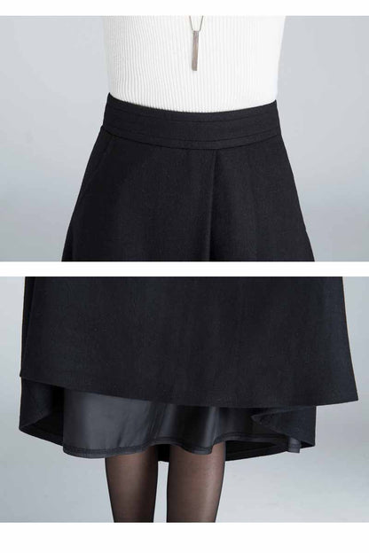 Elegant Black Wool Skirt – Handmade Midi Winter Skirt with Pockets | Xiaolizi 1636