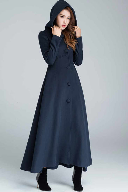 Black Wool Hooded Coat – Vintage A-Line Maxi Overcoat for Women 1839