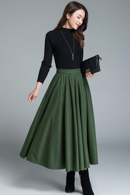 Handmade Women's High-Waisted Green Wool Maxi Skirt - Elegant A-Line Winter Skirt 1641