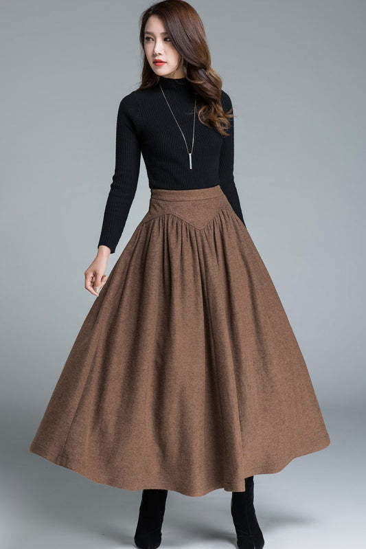 Brown Wool Maxi Skirt – Vintage High Waist A-Line Winter Skirt 1642