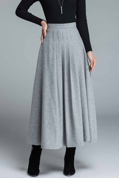 Grey pleated maxi wool skirt 1643#