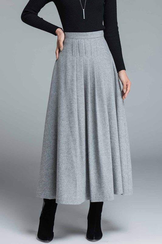 Grey pleated maxi wool skirt 1643#