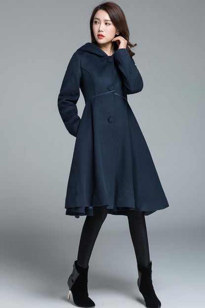 Vintage Navy Blue Wool Coat – Hooded Winter Overcoat with Flared Hem 1648