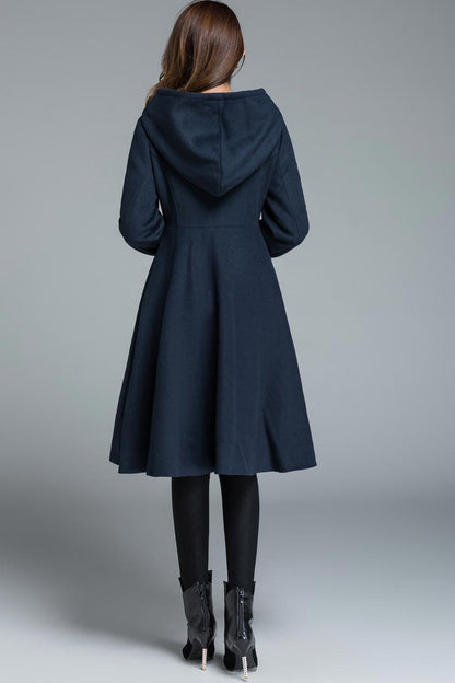 Vintage Navy Blue Wool Coat – Hooded Winter Overcoat with Flared Hem 1648
