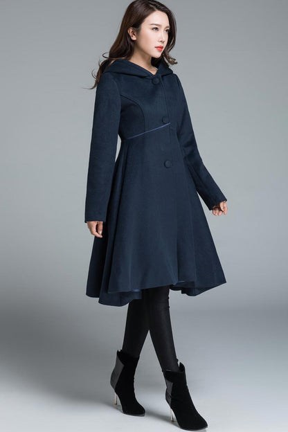 Vintage Navy Blue Wool Coat – Hooded Winter Overcoat with Flared Hem 1648