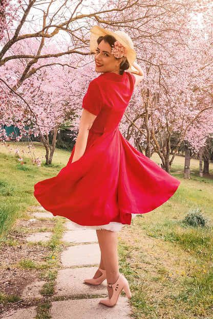 Retro Red Linen Midi Dress - Vintage Summer Elegance 3417