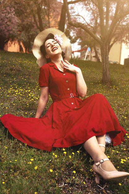 Retro Red Linen Midi Dress - Vintage Summer Elegance 3417
