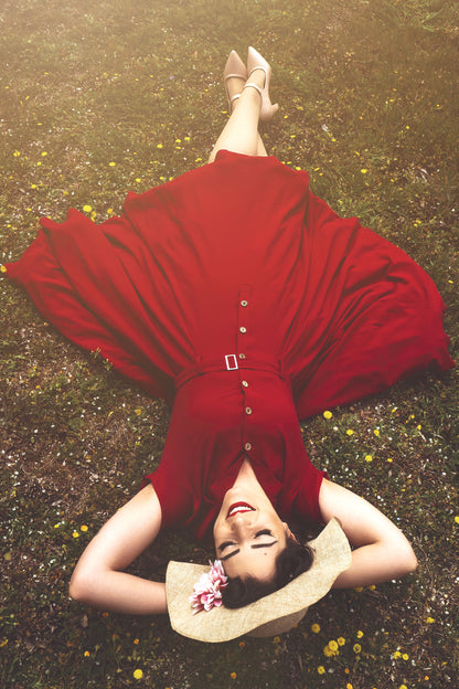 Retro Red Linen Midi Dress - Vintage Summer Elegance 3417