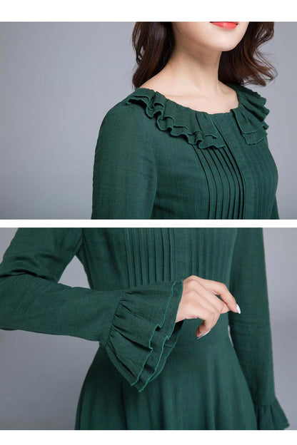 Army Green Linen Maxi Dress - Ruffled Collar & Flared Skirt 1651