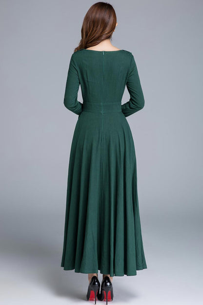 Army Green Linen Maxi Dress - Ruffled Collar & Flared Skirt 1651