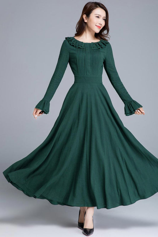 Long sleeve linen swing maxi dress 1651#