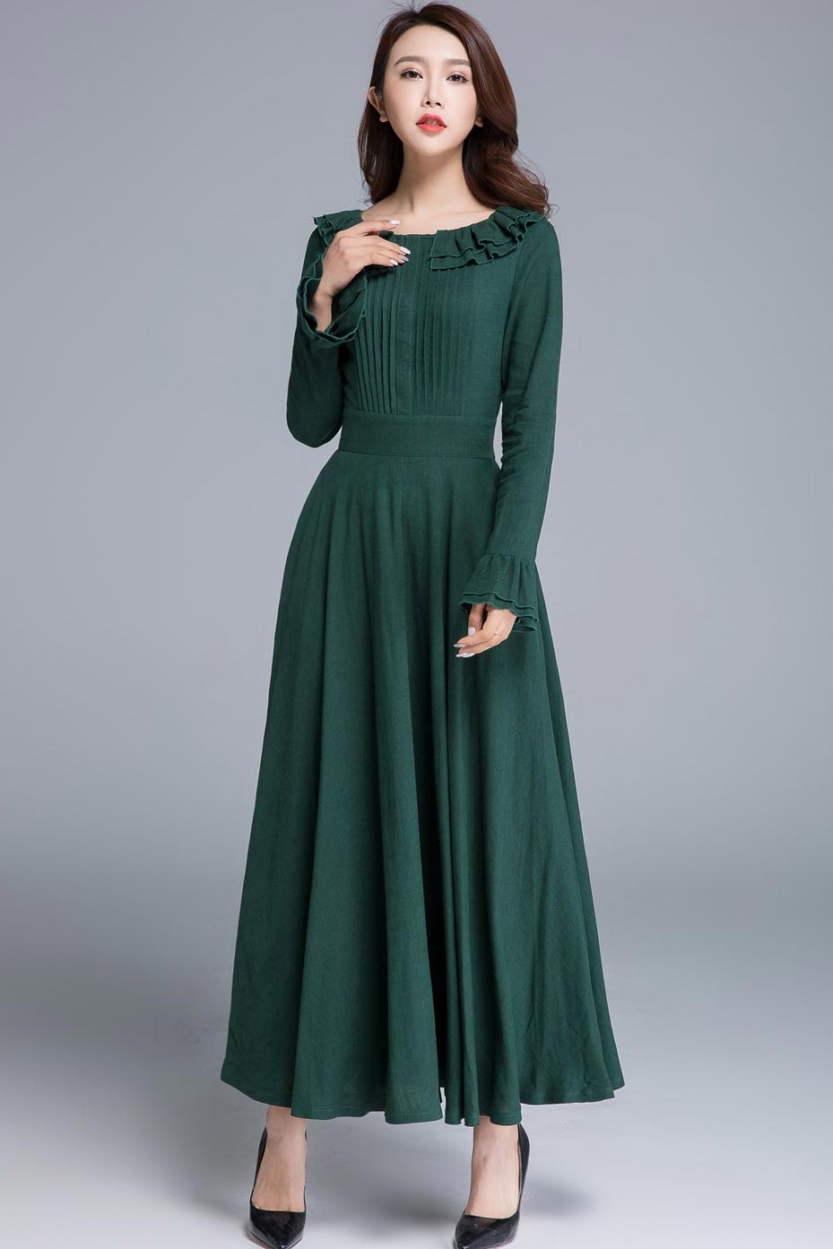 Vintage Dark Green Linen Maxi Dress Ruffled Collar & Cuffs 1651 Xiaolizi Vintage Dark Green Linen Maxi Dress Ruffled Collar & Cuffs 1651 Xiaolizi