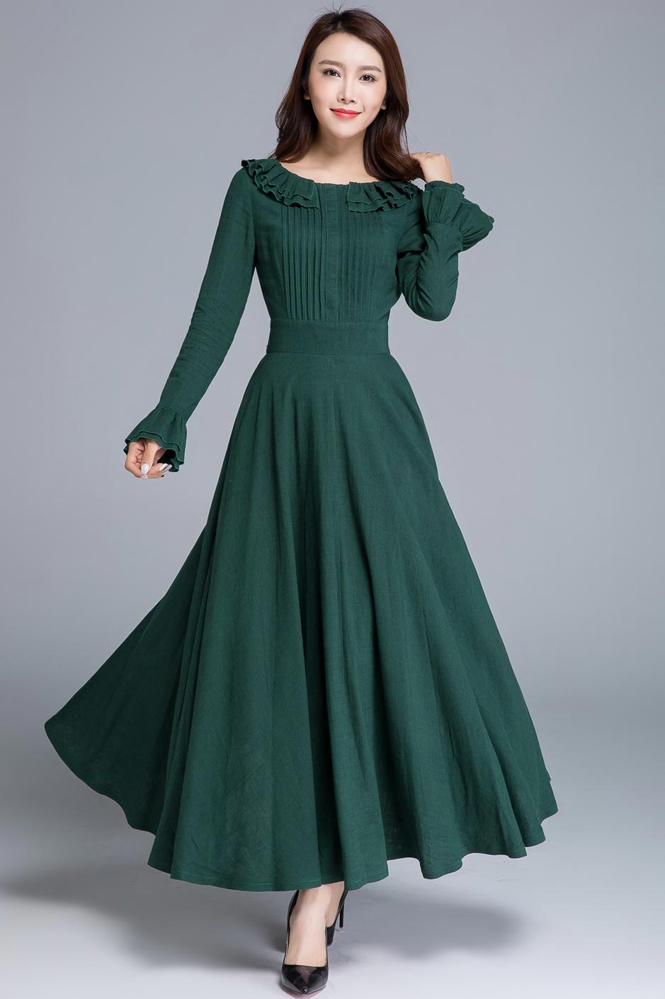 Vintage Dark Green Linen Maxi Dress Ruffled Collar & Cuffs 1651 Xiaolizi Vintage Dark Green Linen Maxi Dress Ruffled Collar & Cuffs 1651 Xiaolizi