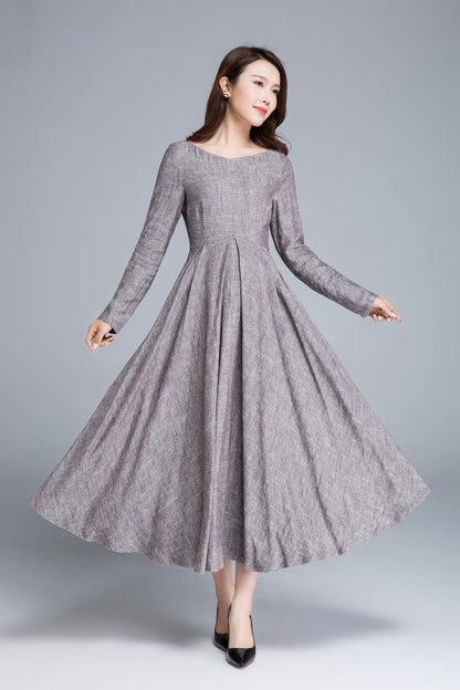 Brown Linen Maxi Dress - Pleated A-Line Silhouette 1652