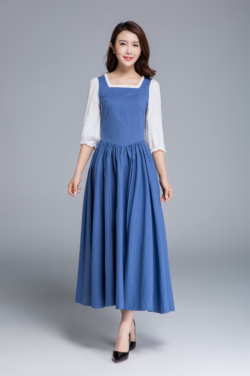 Blue Linen Princess Dress Belle Inspired Maxi Party Dress 1659 Blue / S Blue Linen Princess Dress Belle Inspired Maxi Party Dress 1659 Blue / S