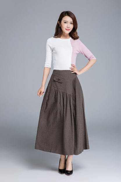 Elastic back band Linen high waist irregular maxi length skirt 1660