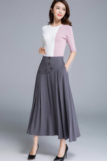 Grey Linen Maxi Skirt - Swing Silhouette with Button Detail 1661