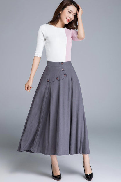 Grey Linen Maxi Skirt - Swing Silhouette with Button Detail 1661