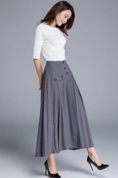 Grey Linen Maxi Skirt - Swing Silhouette with Button Detail 1661