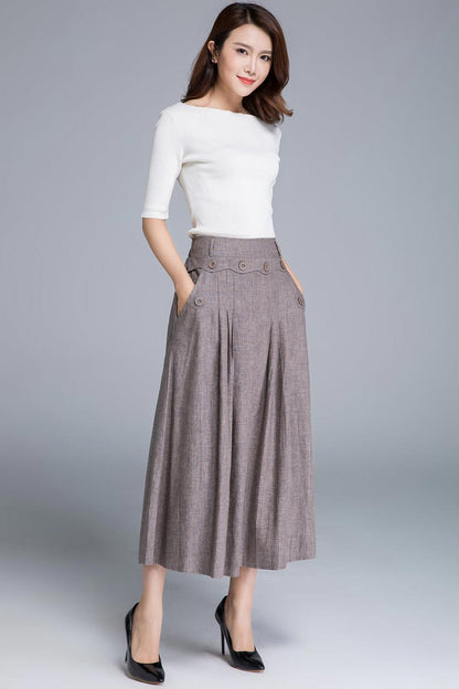 Light Brown Linen Midi Skirt - Fitted Waist, Button Detail 1663
