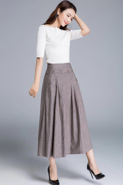 Light Brown Linen Midi Skirt - Fitted Waist, Button Detail 1663