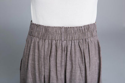 Light Brown Linen Midi Skirt - Fitted Waist, Button Detail 1663