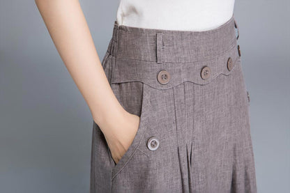 Light Brown Linen Midi Skirt - Fitted Waist, Button Detail 1663