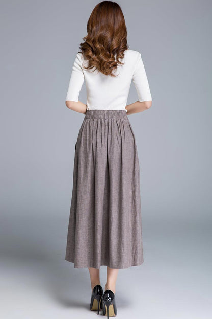 Light Brown Linen Midi Skirt - Fitted Waist, Button Detail 1663