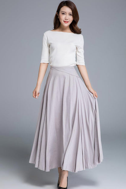 Feminine Swing Maxi Linen Skirt Pale Grey Lavender  – High-Waisted – 1666