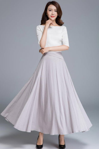 Feminine Swing Maxi Linen Skirt Pale Grey Lavender  – High-Waisted – 1666