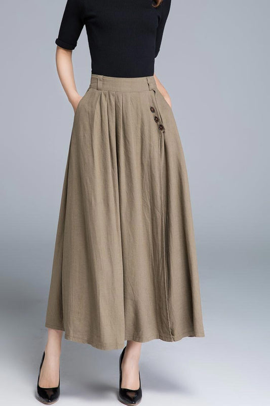 Khaki long maxi skirt with pleated and button detail 1671#
