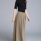 Khaki long maxi skirt with pleated and button detail 1671#