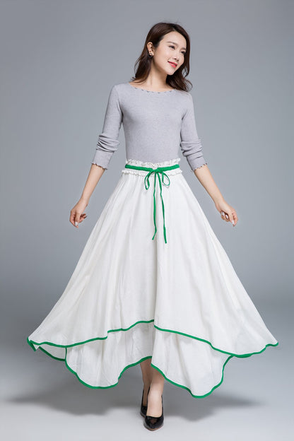 White Linen Maxi Skirt - Swing Silhouette with Drawstring Waist 1675