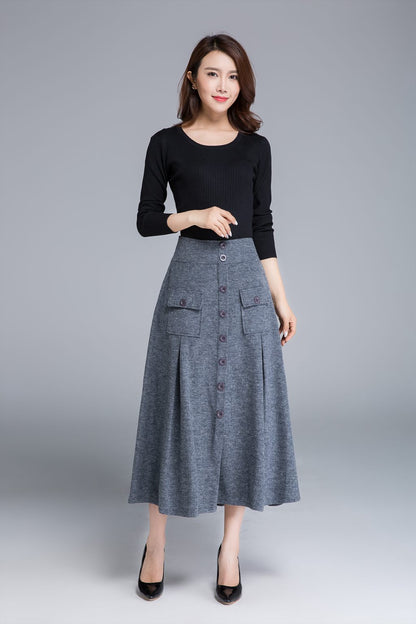 grey skirt, wool skirt, button skirt, midi skirt 1676